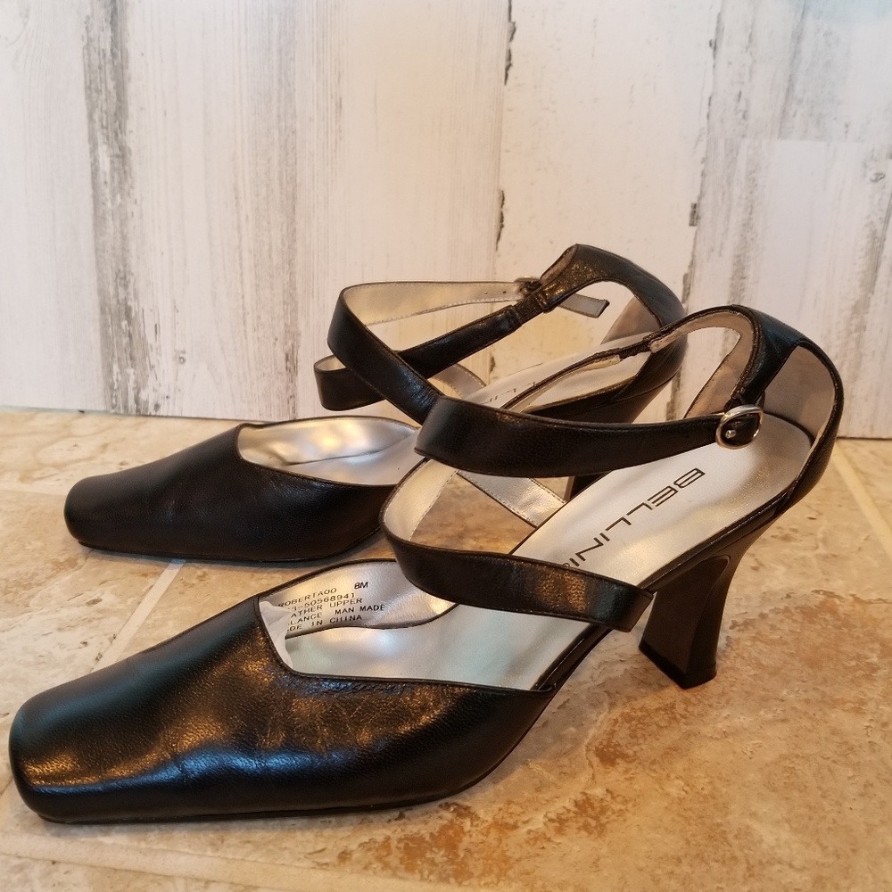 Bellini Black Leather Strappy Mid-Heel Pumps